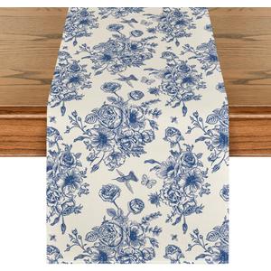 Artoid Mode Spring Navy Blue Floral Chinoiserie Table Runner, Seasonal Summer Kitchen Dining Table Decoration for Home Party Decor 13x72 Inch