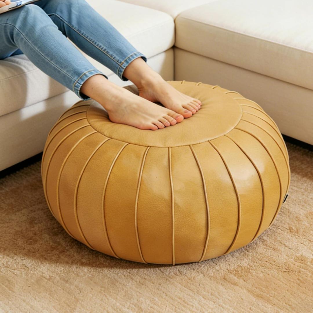 Thgonwid Handmade Storage Pouf Ottoman Foot Stool - Faux Suede Round Floor Cushion 21.6"x13" for Living Room, Bedroom, Wedding Decor, Unstuffed (Yellow) (No Filling)
