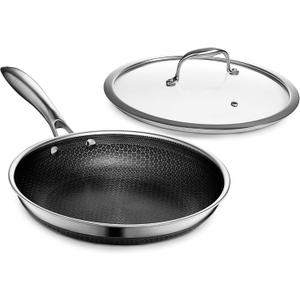 HexClad Hybrid Nonstick 10-Inch Frying Pan with Tempered Glass Lid, Stay-Cool Handle, Dishwasher-Friendly, Oven-Safe Up to 900F, Induction Ready, Compatible with All Cooktops