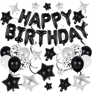 55 Pcs Happy Birthday Balloons Letters Banner with 35 Pcs Star Foil Balloons, 20 Pcs Latex Balloon, 6 Hanging Swirls for Women Men Boys Girls Birthday Party Decorations Set  (Black)