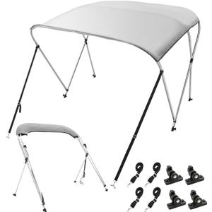 VEVOR 3 Bow Bimini Top Boat Cover, 600D Polyester Canopy with 1" Aluminum Alloy Frame, Waterproof and Sun Shade, Includes Storage Boot, 2 Support Poles, 4 Straps, 6'L x 46" H x 61"-66" W, Light Grey
