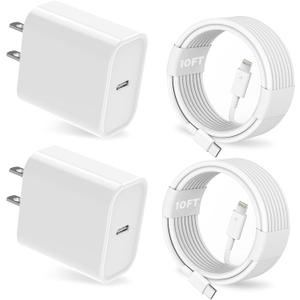 25W iPhone Charger, 2 Pack 25W PD USB C Wall Fast Charger Adapter with 2 Pack 10FT Long Type C to Lightning Cable Compatible with iPhone 14 13 12 11 Pro Max XR XS X,iPad