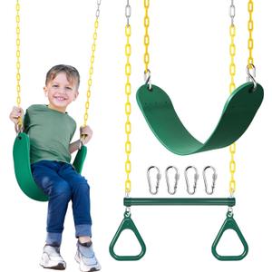 SEKKVY 16" Trapeze Swing Bar with Gym Ring & Toddler Swing, Swing Set Accessories with 66" Heavy Duty Chains, Holds Up to 250lbs, Playground Set for Backyard, Trees, Playroom (Green, 2Pack)