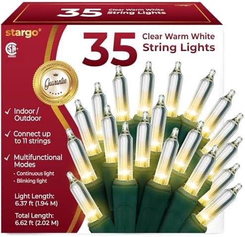 Clear Warm White Christmas Tree Lights - 6.3 ft String of 35 Incandescent Mini Bulbs Multifunctional Lighting Modes, for Decorative, Bedroom, Outdoor, Xmas Twinkle Lights with Green Wire Total 6.6 ft