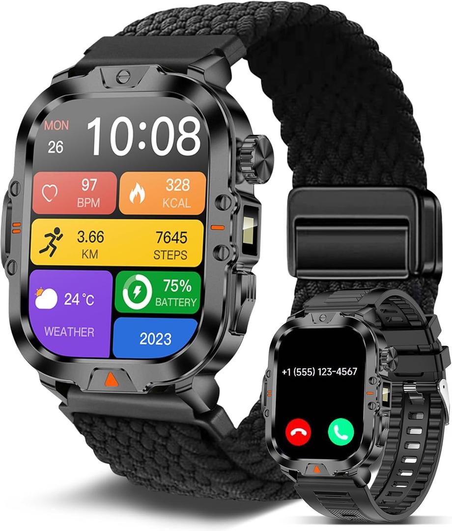 Smart Watch for Men Military Answer/Make Call 2.01 Display 170+ Sports Modes Fitness Smart Watch IP68 Waterproof 30 Days Standby Smartwatch for Android iOS Black Extra Nylon Straps