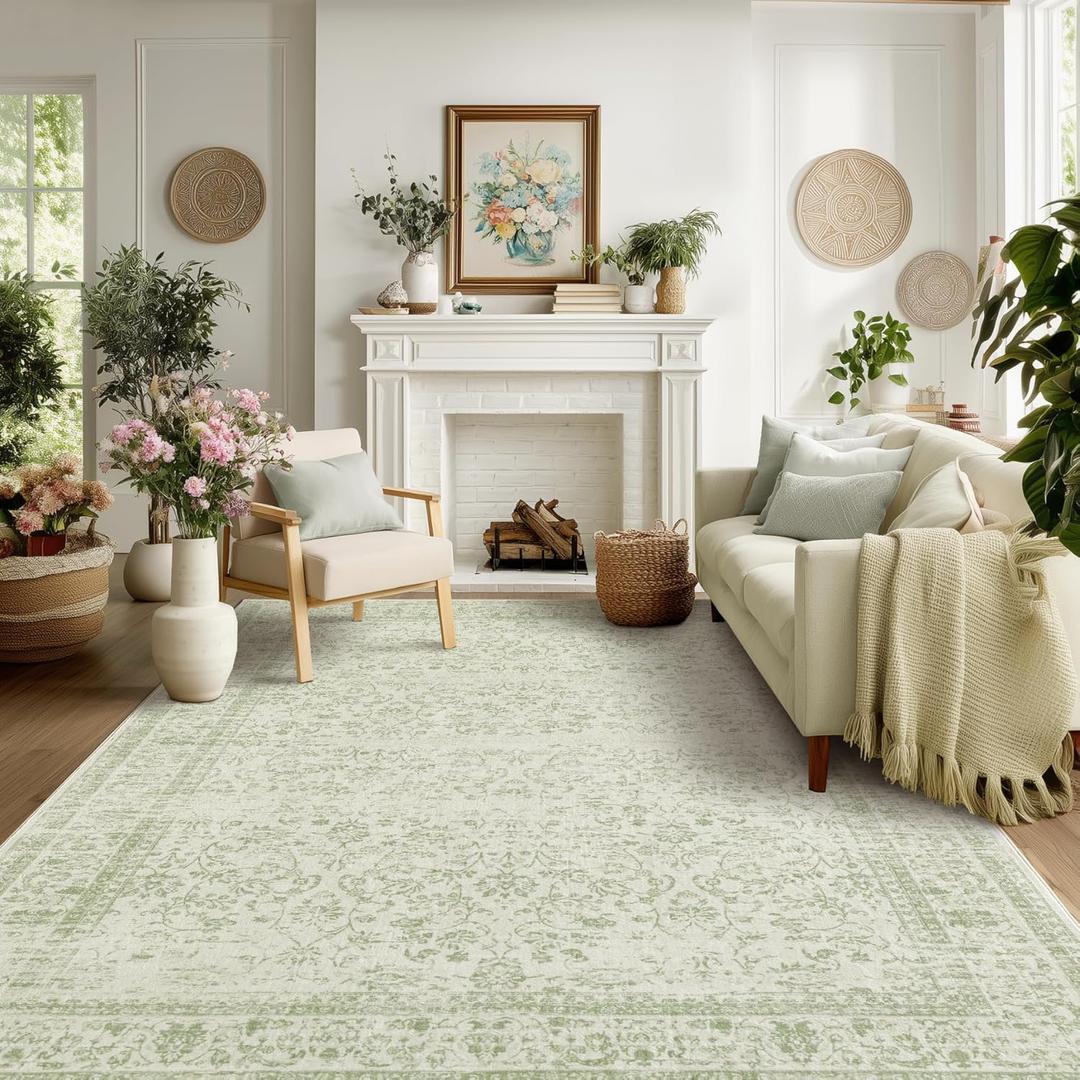 BILEEHOME Sage Green Rug for Bedroom,Boho Floral Print Washable Cottage Core 8x10 Area Rugs for Living Room,Light Green