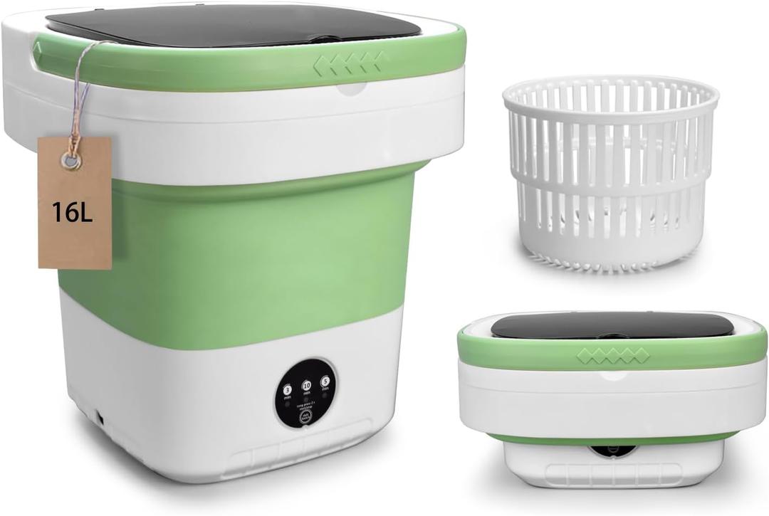 Portable Mini Washing Machine, 16L Upgraded with Spin Basket Laundry Machine, 3 Cleaning Modes Suitable for Small Clothes, Foldable Design Ideal for Hotel, Home, Apartment, Campain, Green 