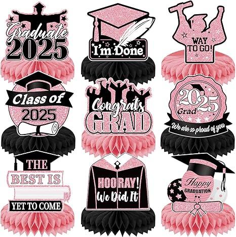 Pink Graduation Decorations Class of 2025 Honeycomb Centerpiece 9Pcs Double Sided Graduation Party Table Decorations 3D Congrats Grad Table Topper for Party Supplies