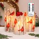 Crystal Club Flameless Candles, Cardinal Theme, (Set of 3) Battery Operated LED Candles with Remote, Real Wax & Glass Effect Candle with Timer for Christmas Home Festival Decor
