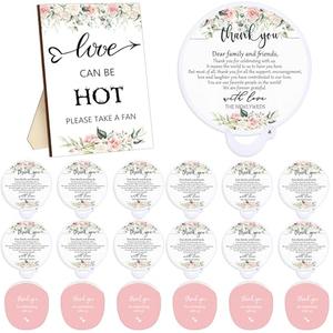 Wenqik 100 Pcs Wedding Fan for Guests and 1 Love is Hot Sign Wooden Wedding Table Sign Folding Hand Round Shaped Folding Fan with Plastic Handle and Storage Bag for Bridal Shower(Flower)