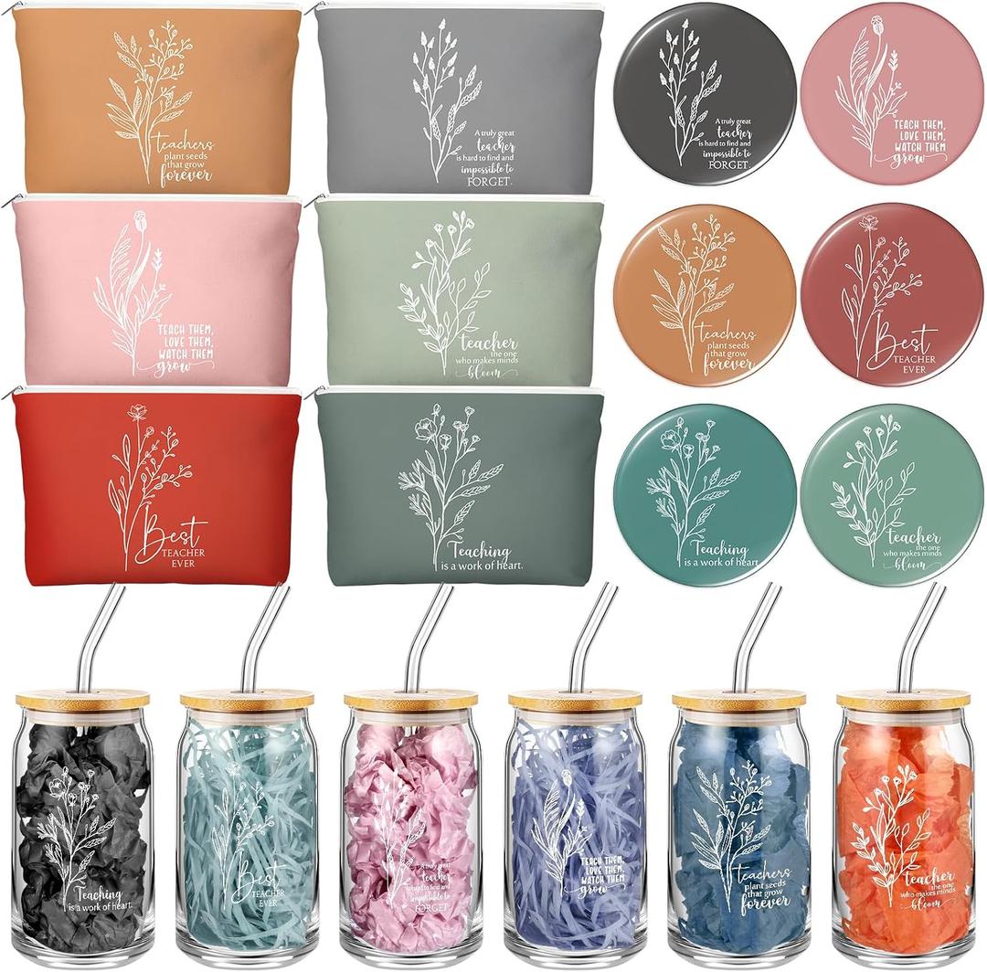 Fumete 6 Sets Teacher Appreciation Gifts for Women Bulk Floral Makeup Bag Inspirational Glass Cup with Bamboo Lid Mini Compact Mirror Thank You Gifts for Teacher Educators Mentors Team