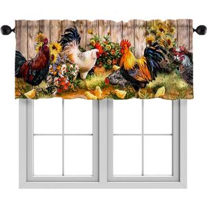 Valances for Windows,Rod Pocket,52 x 18 inch,Roosters Wood Background
