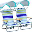 2 Pack Backpack Beach Chairs with Canopy Headrest Cooler Bag Cup Holder Towel Bar 4-Position Recline Wooden Armrests Aluminum Frame Folding Beach Chair for Adults Camping Supports 400 lbs