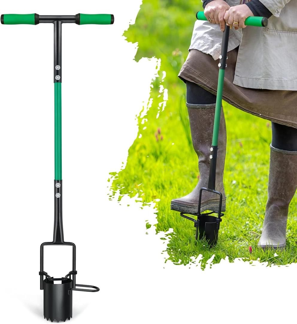 5-in-1 Lawn Plug Garden Tool, Updated Bulb Planter Long Handle for Digging, Weeding, Soil Sampler, Transplanting, Sod Plugger with for Digging Holes to Plant Tulips, Iris, Daffodils