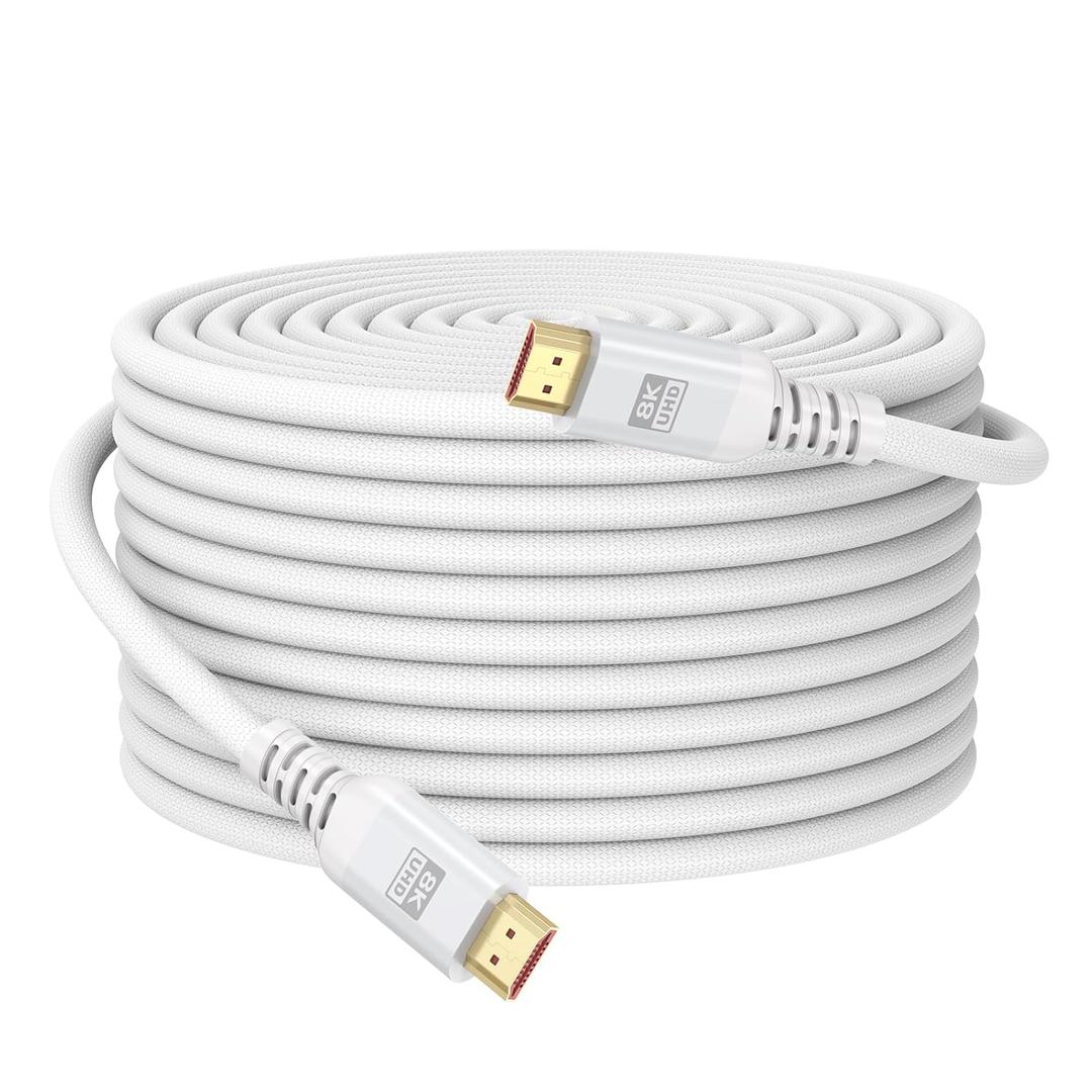 8K White HDMI Cable 30 FT, HDMI 2.1 Cable 30FT Ultra High Speed eARC Braided Long HDMI Cord with 8K@60Hz, 4K@120Hz, HDR10+, Dolby, 3D, HDCP2.3 for Laptop/Monitor/HDTV/Soundbar/Blu-ray/PS5/Xbox