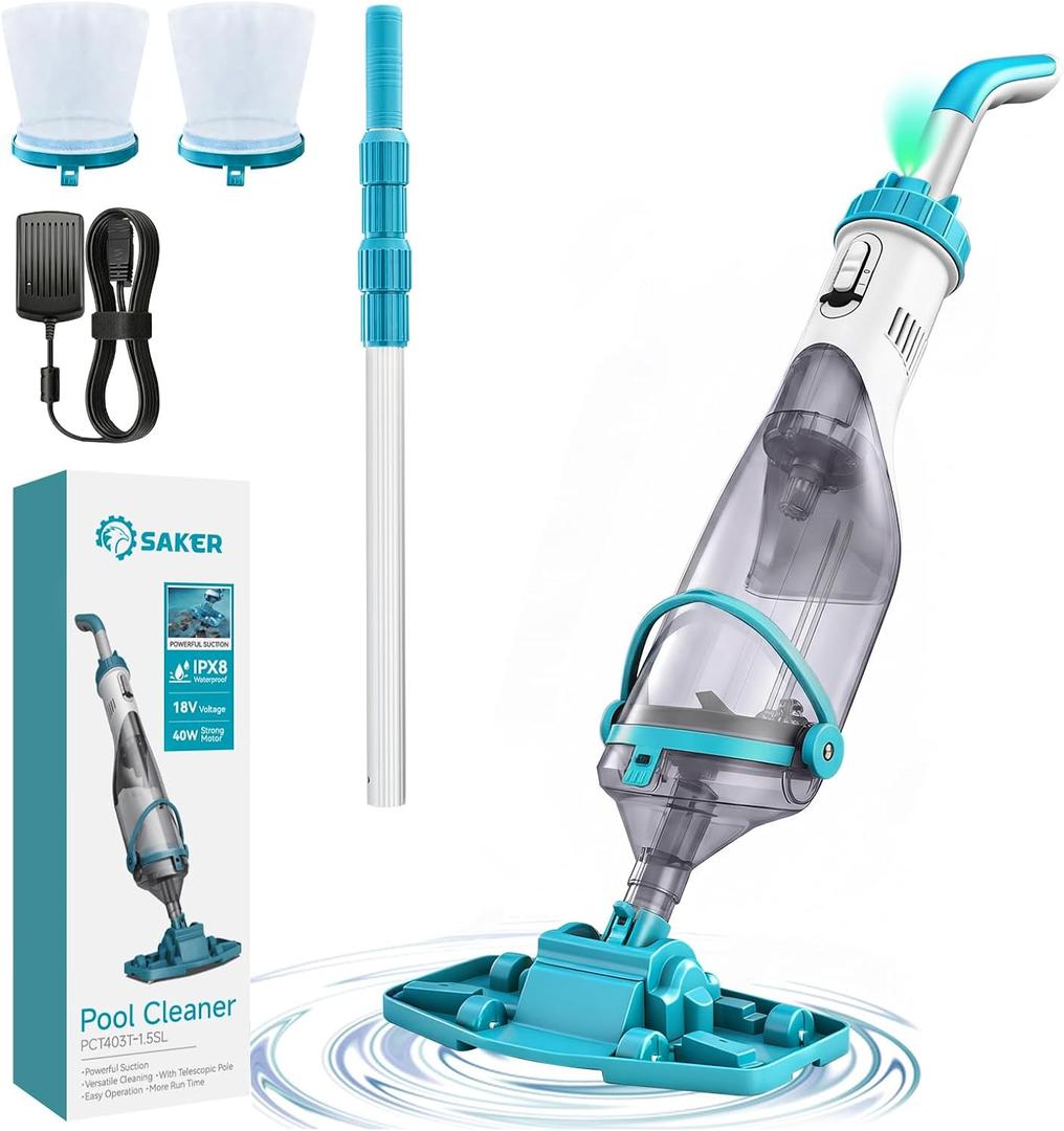 Saker Handheld Pool Vacuum for Above Ground Pool, Cordless Pool Cleaner with Telescopic Pole, 18.5 GPM Powerful Suction, 60-Min Runtime Rechargeable for Inground Pools, Spas, Hot Tubs