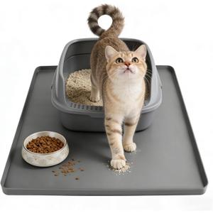 Silicone Cat Litter Mat 24x20 in Waterproof Litter Box Mat Leak-Proof Thick Under Kitty Litter Box Feeding Tray with Raised Edges for Floor Carpet, Grey