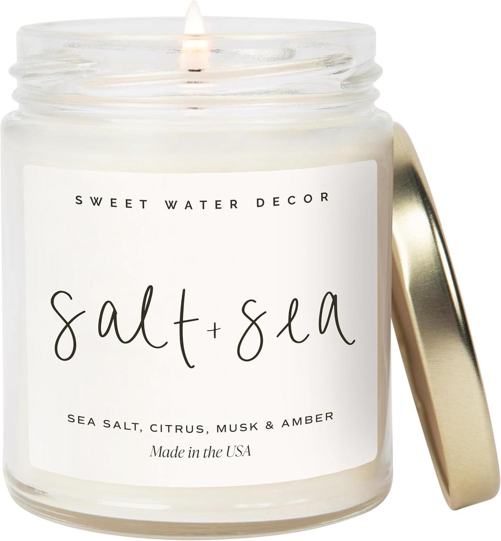 Sweet Water Decor Salt and Sea Candle - Sea Salt, Citrus, Amber, Musk, Beach Scented Soy Candles for Home - Coastal Decor for Beach Lovers - 9oz Clear Jar, 40 Hour Burn Time, Made in The USA