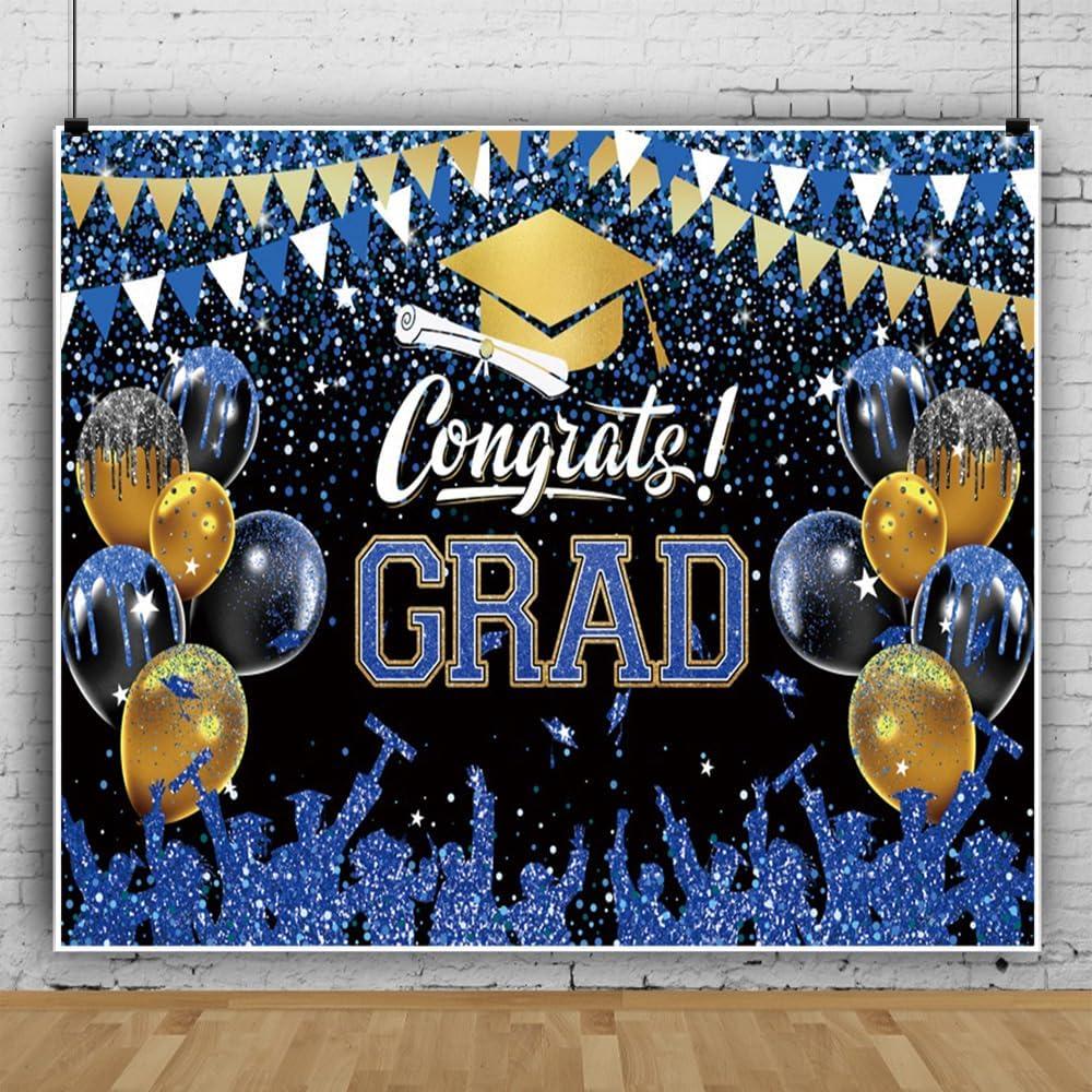 10x8ft Blue and Gold Graduation Backdrop Class of 2026 Photography Background Congrats Grad Photo Backdrop Large Graduation Party Decorations Video Shoot Portrait Photoshoot Props