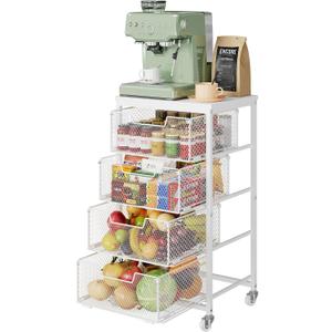 4-Tier Kitchen Storage Cart - Fruit Vegetable Storage Cart with Drawers, Wooden Top Metal Wire Kitchen Organizer and Storage Cart with Wheels to Storage Onions Potatoes Cans Snacks for Kitchen (White)