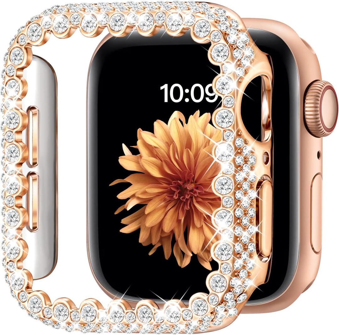 Bling Bumper Case Compatible with Apple Watch Series 6/5/4/SE/SE2 44mm, Diamond Protective Face Cover for Women, Hard PC Frame Protector for iWatch 44mm Rose Gold