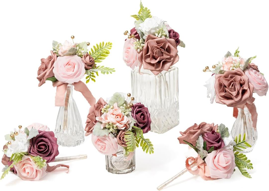 Ling's moment Dusty Rose Wedding Centerpieces Flowers Mini Bridesmaid Bouquets Set of 6 Pink Pre-Made Small Floral Wedding Table Floral Centerpieces (Dusty Rose)