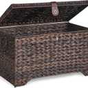 Handwoven Storage Basket with Lid, 165L Plastic Rattan Storage Bin, Leather Buckle & Metal Frame, Large Metal Ring Handles, Storage Trunk for Bedroom, Laundry Room