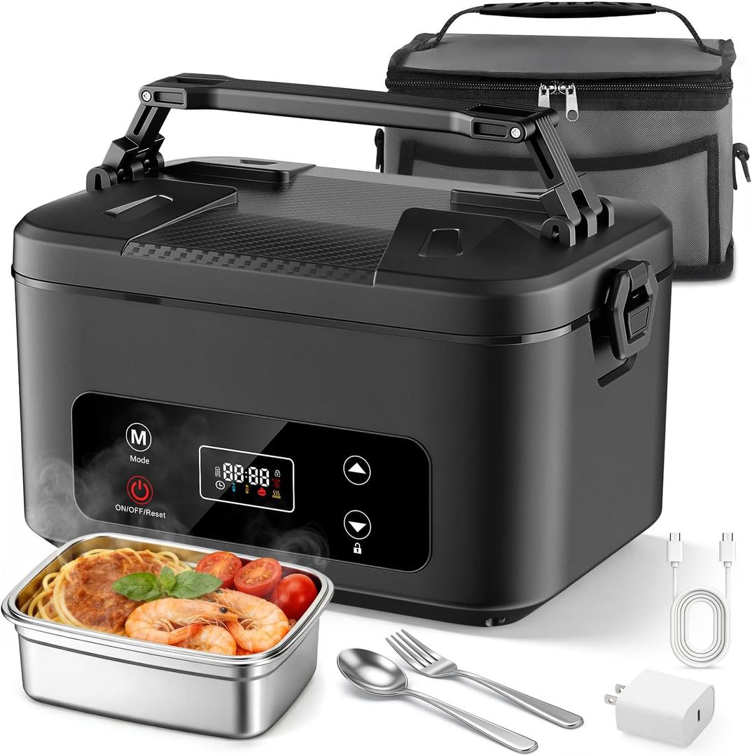 Cordless Electric Heated Lunch Box - Rechargeable 24000mAh Self Heating Battery Powered Portable Food Warmer Container with Removable Divider Leakproof for Men Women Adults Truck Office Outdoor Travel (Black)
