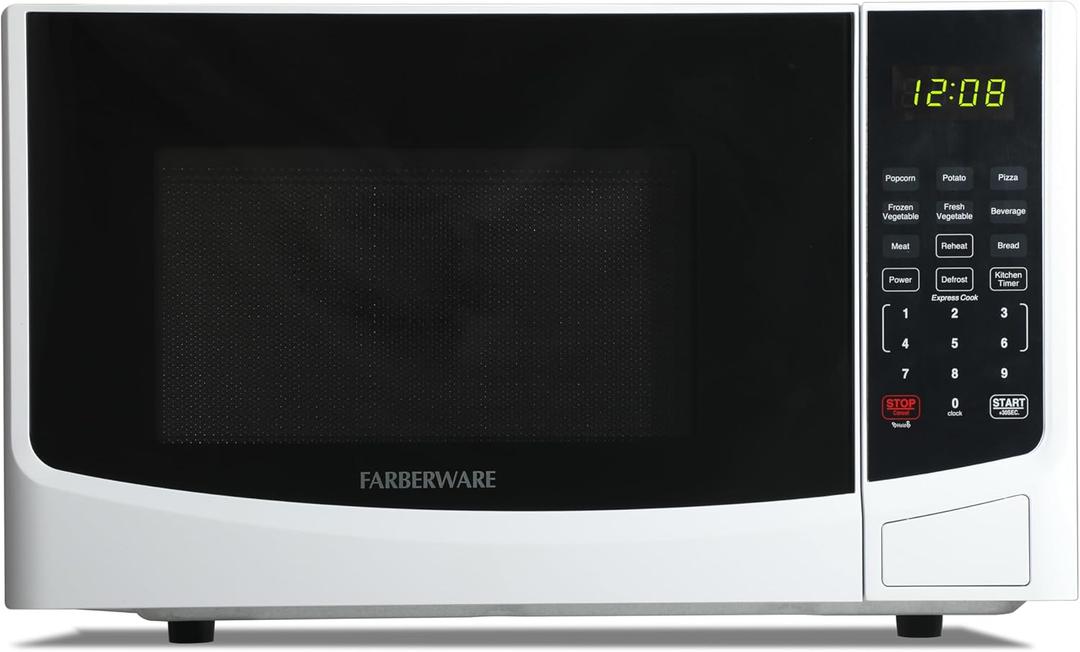 Farberware 0.9 Cu. Ft. Countertop Microwave Oven 900W Power, Auto Cook Settings, Defrost, and Safety Lock White