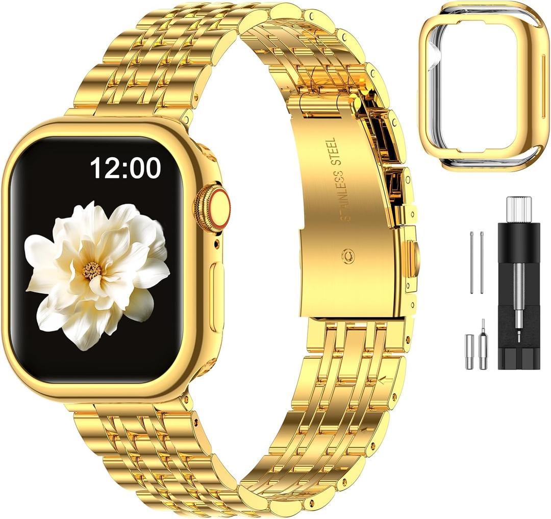 MioHHR Slim Metal Band Compatible with Apple Watch 41mm 40mm 38mm, Solid Stainless Steel Chain Strap for Women Men iWatch Bands Series 9 8 7 6 5 4 3 2 1 SE3 SE2 SE, Gold