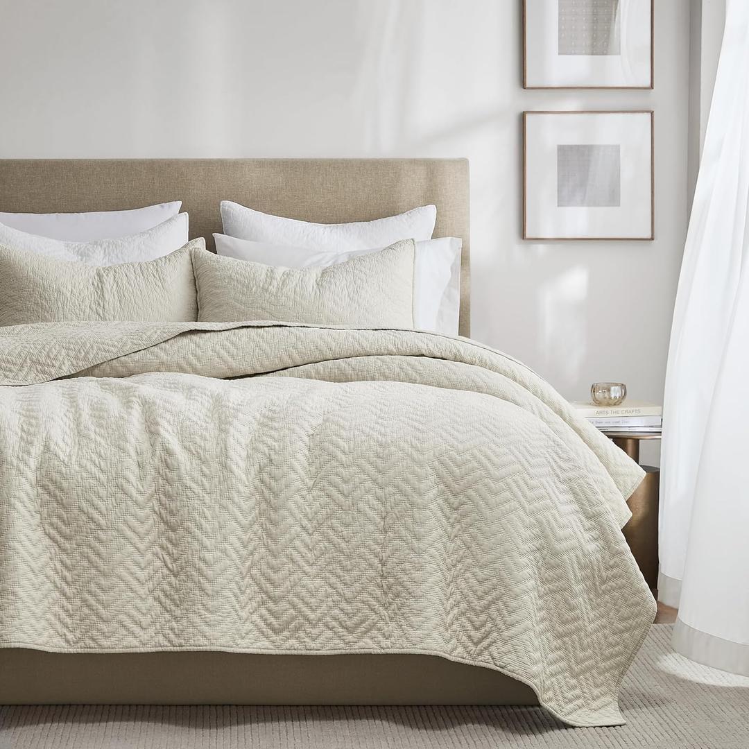 Beige 100% Cotton Quilt King Size Bedding Sets with 2 Pillow Shams, Lightweight Textured Farmhouse Country Bedspread Soft Shabby Chic Patterned Coverlet for All Season, 3 Pieces, King(106"x96"）