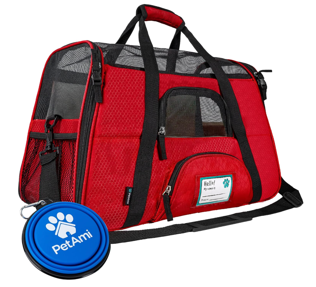 PetAmi Airline Approved Pet Carrier for Cats & Small Dogs, Soft Sided TSA Travel Carrier Bag with Sherpa Bed, Breathable Mesh Ventilation, Collapsible Bowl, Fits Under Seat, Up to 18 lbs, Large Red