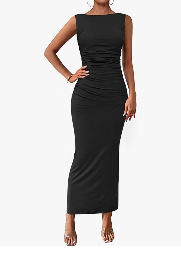 PRETTYGARDEN Women's 2026 Summer Semi Formal Midi Dresses Sleeveless Ruched Bodycon Long Elegant Cocktail Wedding Guest Dress S