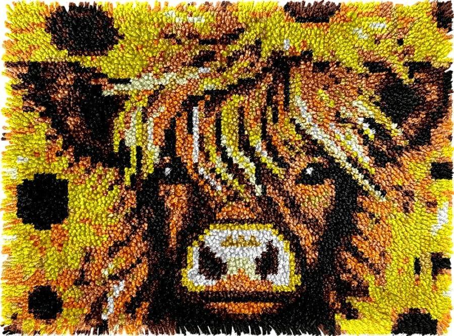 Highland Cow & Sunflowers Latch Hook Kits Rug DIY Cushion Tapestry Making Crochet Hook Mat Making Kits Color Preprinted Pattern Canvas DIY Carpet Needlework Crochet Kits 52x38cm (d99-114)