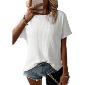 Dokotoo Women's Casual Boat Neck Short Sleeve Waffle Knit Shirts Loose Summer Tunic Tops Blouses (Medium, White)