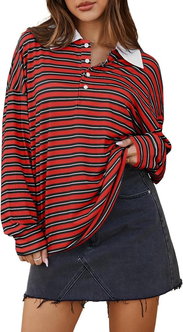 Cicy Bell Womens Long Sleeve Rugby Polo Shirts Oversized Striped Collared Sweatshirt Color Block Tunic Tops