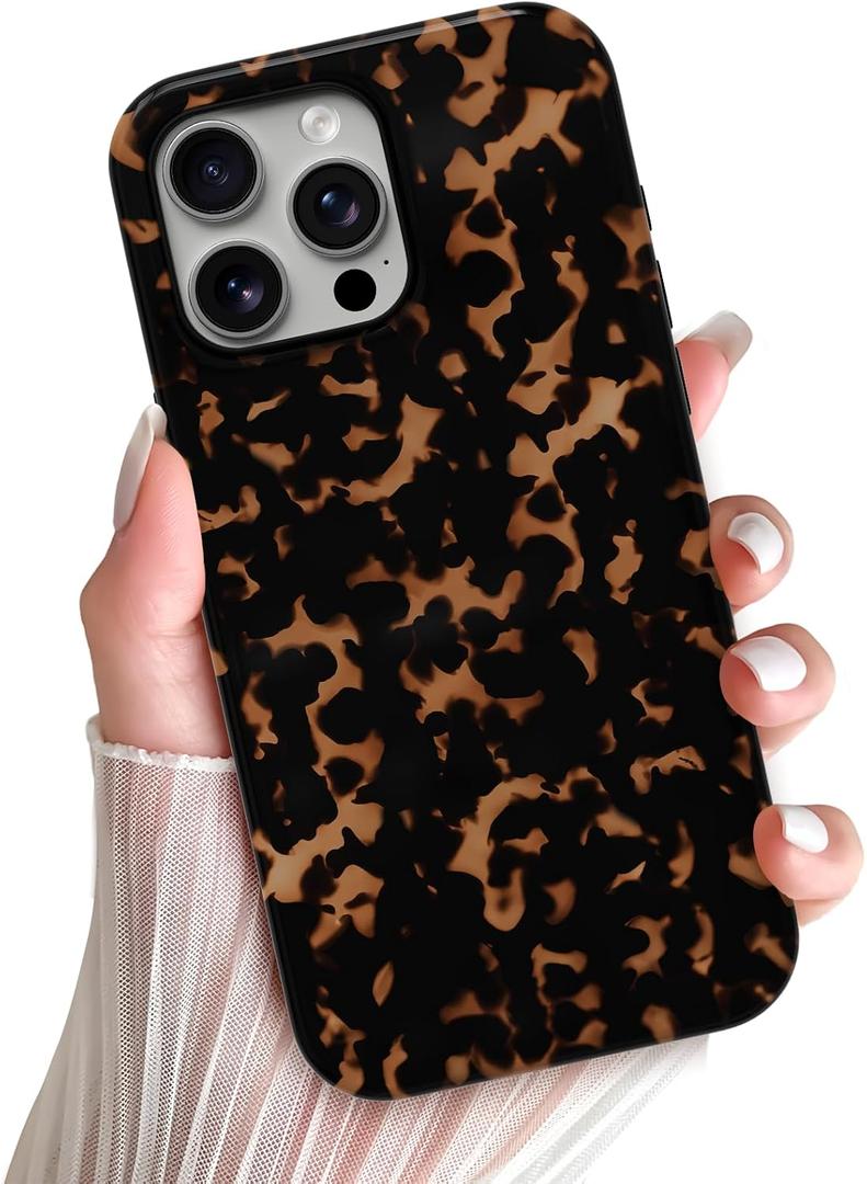 Skyseaco Compatible with iPhone 16 Pro Case Aesthetic Brown Amber Leopard Print Tortoise Shell Phone Case, Shockproof Soft TPU and Hard Back Protective Case, Black & Brown