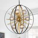 24" Black Gold Mid Century Sputnik Chandelier 9 Lights Hanging Ceiling Firework Globe Pendant Light Fixture with Smoke Class Lampshades for Dining Living Room Foyer Entryway Kitchen