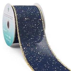 CT CRAFT LLC Blue Burlap Fabric Confetti Glitter Wired Ribbon 2.5" x 10 Yards Navy Color for Christmas Home Wedding Decor Gift Wrapping Tree Topper Bow Wreath Bouquet DIY Crafts