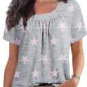 PrinStory Womens Short Sleeve Tops Summer Fashion Irregular Neck Knitted Tunic Tops Casual Loose Pullover Shirts (Small, Fp Pink Star)