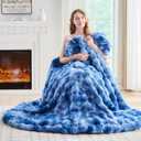 Lotus Karen Faux Fur Throw Blanket Tie-Dye Blue - Big Bubble Rabbit Fluff Blanket for Couch, Large Fluffy Fuzzy Cozy Blanket,Thick Furry Plush Shaggy Blankets,90x90 Inches