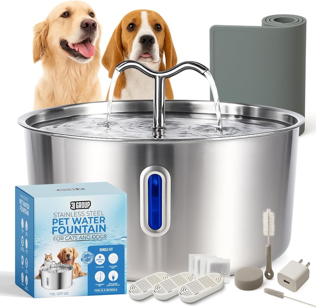 Dog Water Fountain Bundle, 7L Stainless Steel Large Dog Water Fountain | Double Faucet Design for Multiple Pets - Triple Filtration, Ultra Quiet Water Fountain | Includes Accessories and 3 Filters