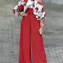 CHICME Women Summer 2 Piece Outfits Off Shoulder Top Flowy Wide Leg Pants Set Vacation Travel Airport Outfits (Red, XXL)