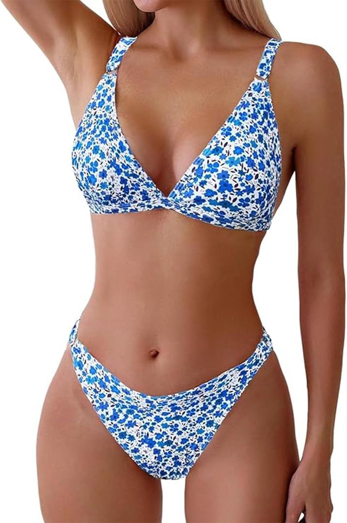 ZAFUL Women's 2 Piece Floral Print Swimsuit Triangle String High Cut Bikini Sets Bathing Suit (Medium, 1-blue Multicolor)