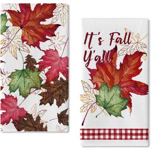 Seliem It's Fall Y'all Maple Leaves Kitchen Dish Towels Set of 2, Autumn Plaid Hand Towels Drying Baking Cooking Cloth, Farmhouse Seasonal Home Kitchen Decor 18 x 26 Inch