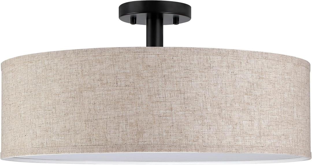 4 Light 18" Fabric Drum Shade semi Flush Mount Ceiling Light Linen Fabric Chandeliers Shade Black Finish for Bar,Dining Room,Corridor,Living Room