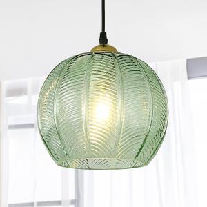 Green Glass Pendant Light, Single Large Globe Pendant Lighting 9.8-Inch Nordic Ribbed Ceiling Hanging Modern Ball Chandelier Light Fixture for Kitchen Island, Dining Living Room, Bedroom