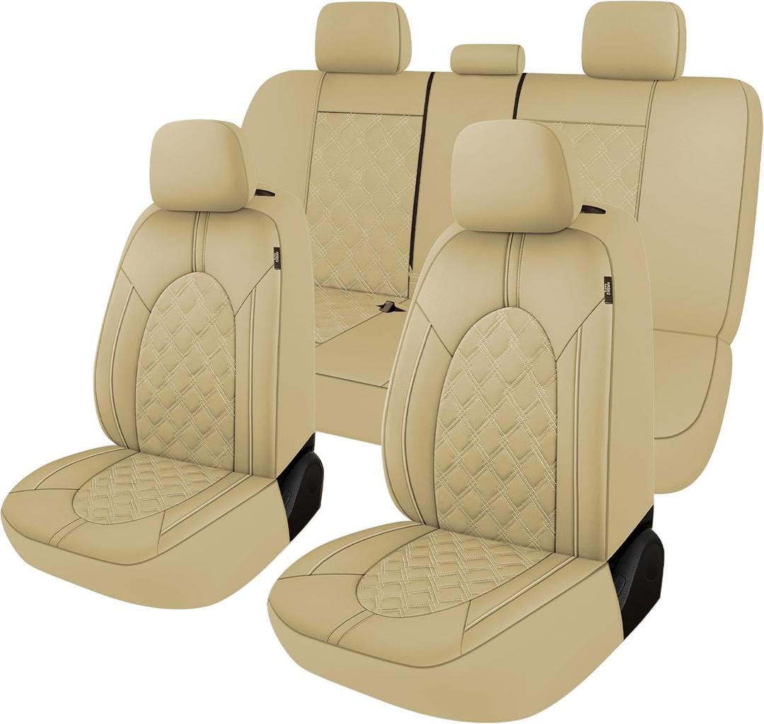 CAROMOP Luxury PU Leather Car Seat Covers Full Set-Waterproof Seat Protectors with Split Bench Seat Covers for Cars-Universal Cars Interior Covers for Sedans, SUVs, Pick-up Trucks(Beige/Beige Line)