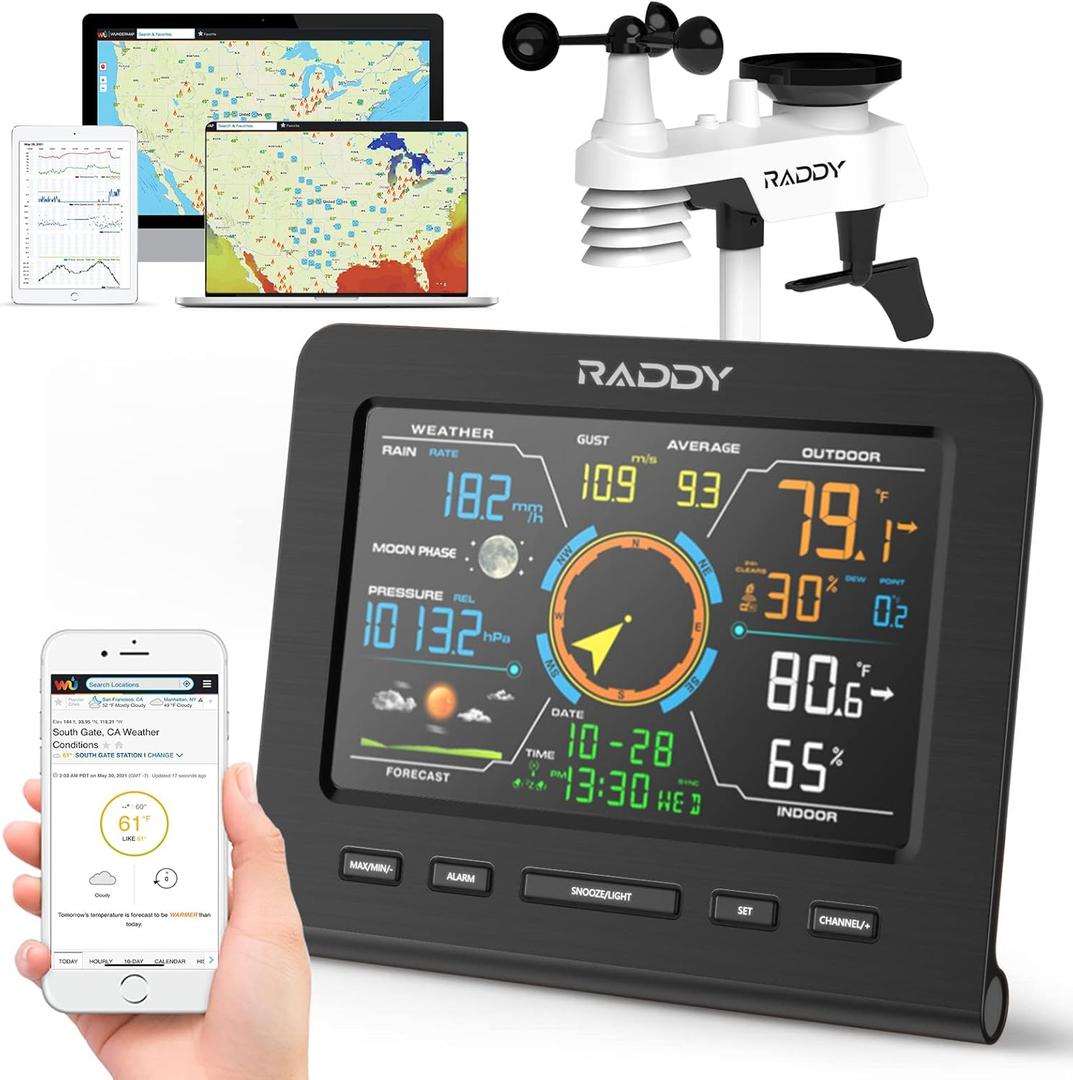 Raddy WF-100C Lite Weather Station Wireless Indoor Outdoor with Temperature, Barometric, Humidity, Wind Gauge, Rain Gauge, Weather Forecast, Moon Phase, Alarm Clock for Home, Garden