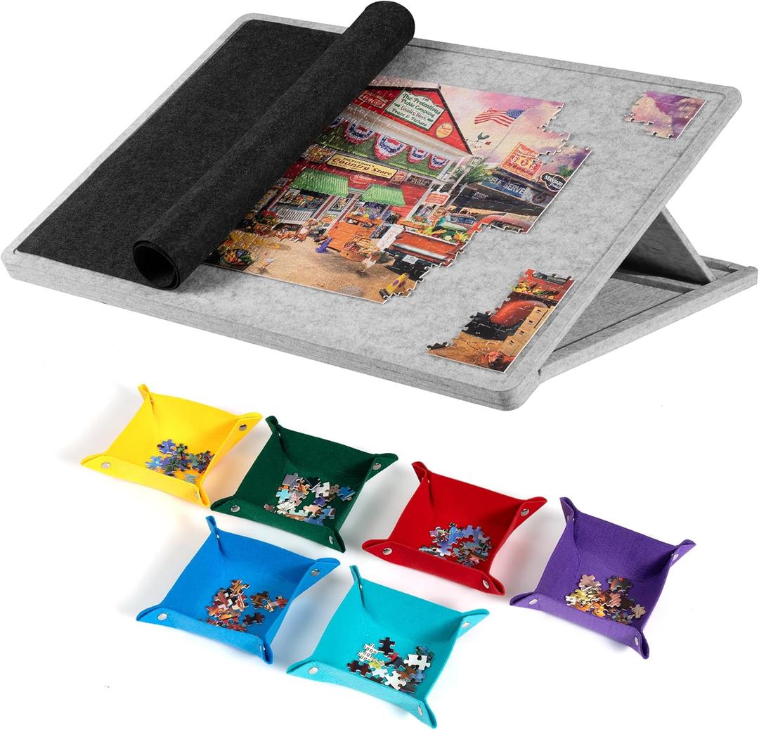 Lavievert 1000 Piece Tilting Puzzle Board with 6 Colored Sorting Trays & Cover, Lightweight Felt Puzzle Mat with 3 Angle Adjustable Stand, Portable Jigsaw Puzzle Table with Non-Slip Surface for Adults